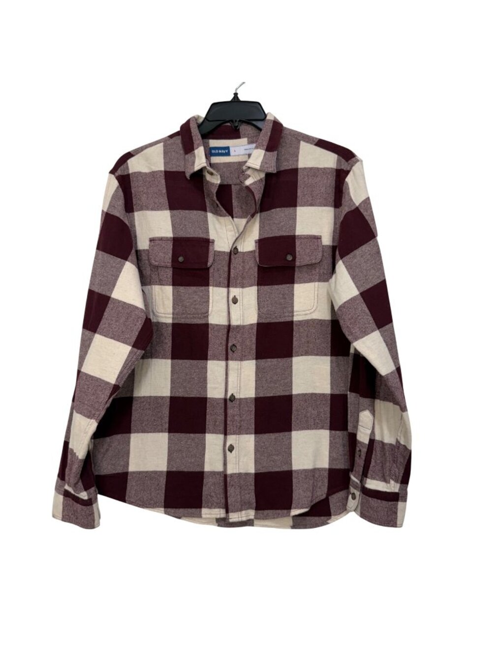 Old Navy Mens SZ L Burgundy&White Buffalo Plaid Flannel Shirt Button Up Reg Fit